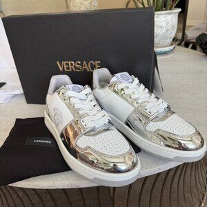 Versace Medusa White Leather Men's Sneaker Shoe, 1013377, Silver patent leather